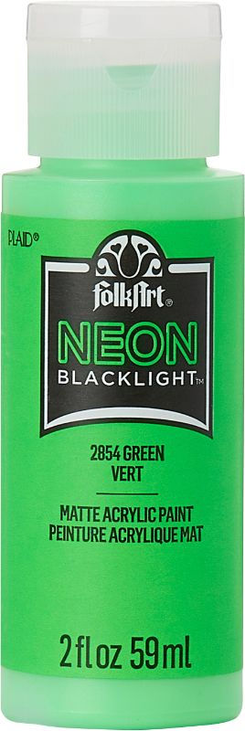 Vibrant neon green acrylic paint in a 2oz bottle, perfect for glowing artwork under blacklight and various crafting surfaces.