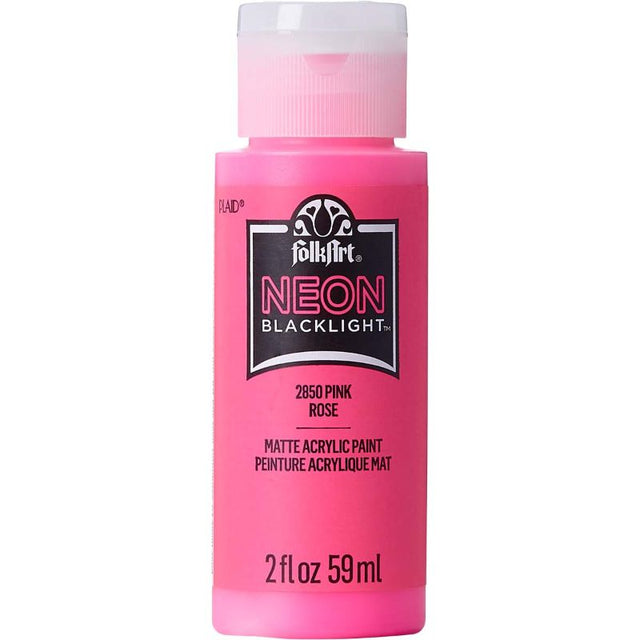 Folk Art Neon Pink Acrylic Paint in 2oz bottle, glows under blacklight, ideal for various crafts and surfaces.