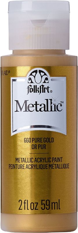 Folk Art Pure Gold acrylic metallic paint in a 2oz bottle, ideal for adding shimmer to various DIY projects.