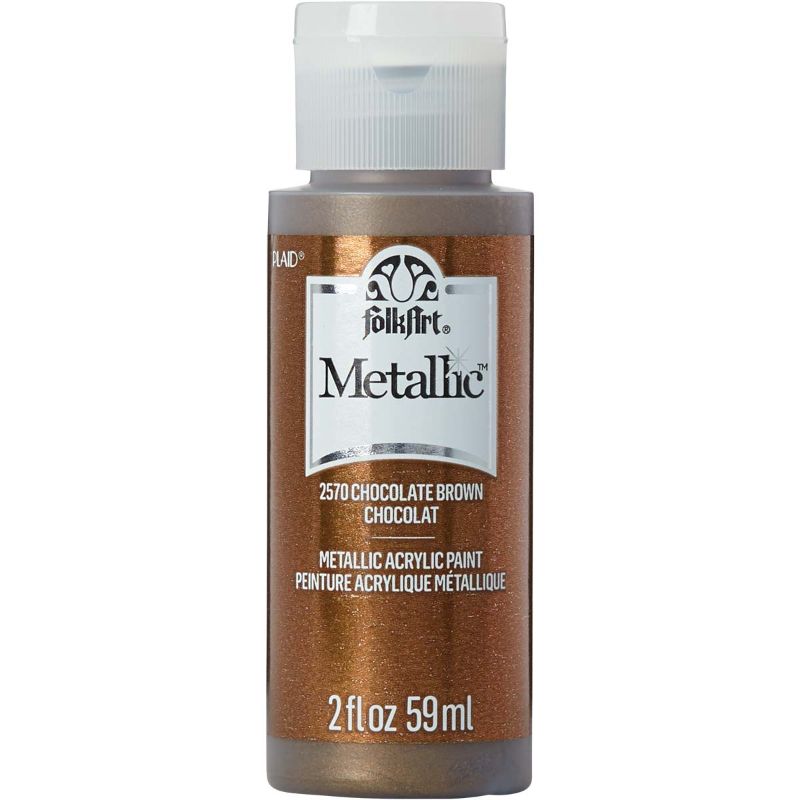 Folk Art Acrylic Metallic Paint in Chocolate Brown, 2oz bottle, delivering a rich, shiny finish for diverse crafting projects.