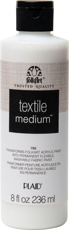 Folk Art Textile Medium 8oz bottle for transforming acrylics into vibrant, durable, machine-washable fabric paints.