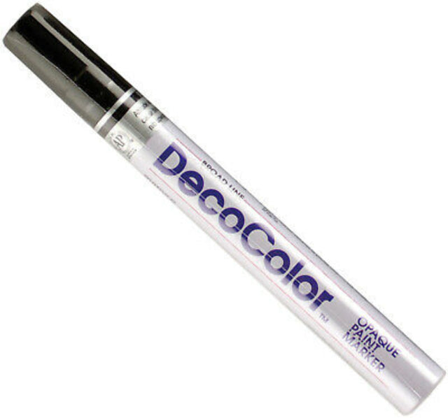 Marvy Decocolor Black paint marker with broad tip for vibrant designs on diverse surfaces like glass, wood, and metal.