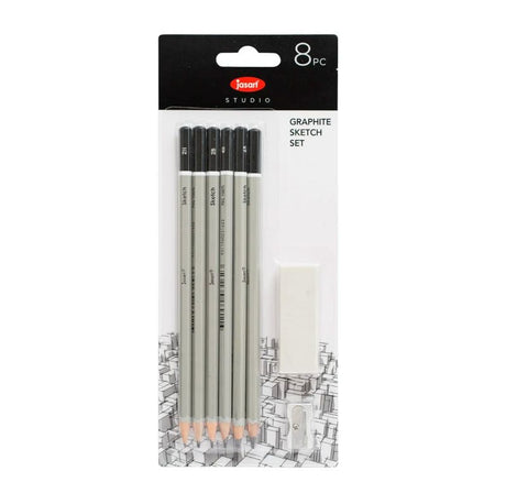 Jasart Sketching Graphite Set of 8 includes high-quality pencils, eraser, and sharpener for diverse artistic techniques.