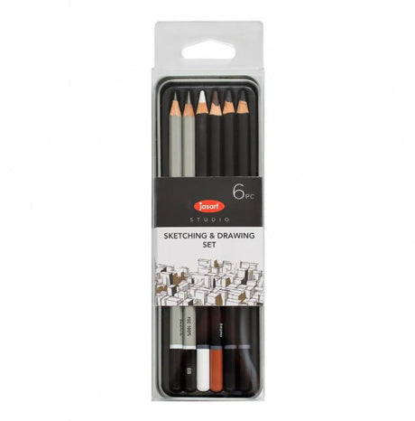 Jasart Studio Sketching set in a tin with 6 high-quality pencils for versatile sketching and detailed illustrations.