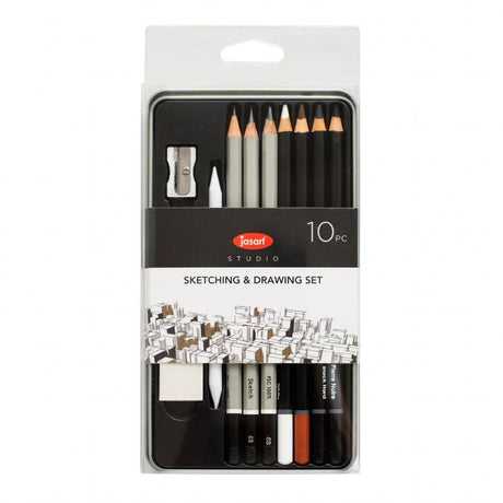 Premium sketching set in a metal tin with 10 essential tools for artists, including graphite and charcoal pencils.