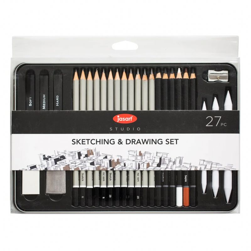 Jasart Studio Sketching set in metal tin with 27 high-quality drawing tools for versatile sketching and illustration.