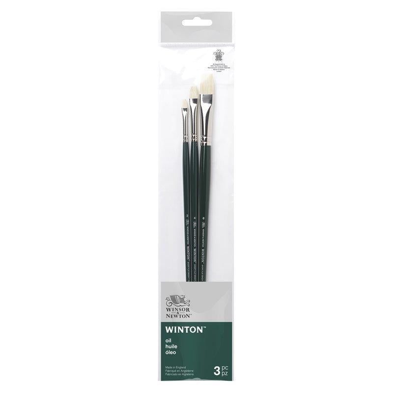 Set of 3 Winsor & Newton Winton long handle brushes, made of durable hog bristles, designed for precision in oil and acrylic painting.