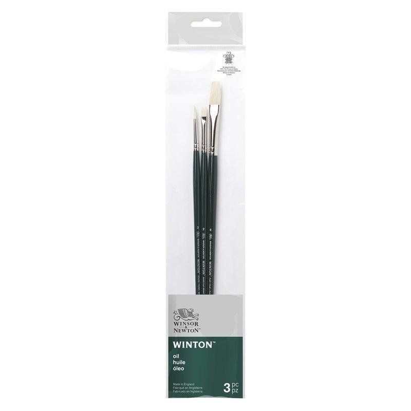 Set of 3 Winsor & Newton Winton brushes with hog bristles for precision and control in oil, acrylic, and alkyd painting.