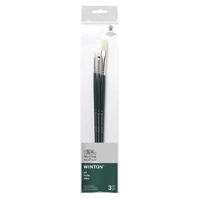 Set of 3 Winsor & Newton Winton brushes with hog bristles for precision and control in oil, acrylic, and alkyd painting.