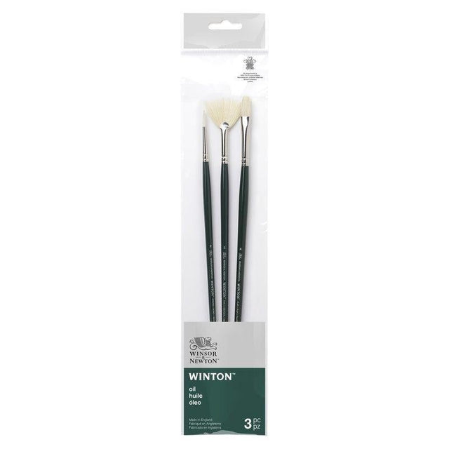 Set of 3 Winsor & Newton Winton long-handled brushes featuring durable hog bristles for oil, alkyd, and acrylic painting.