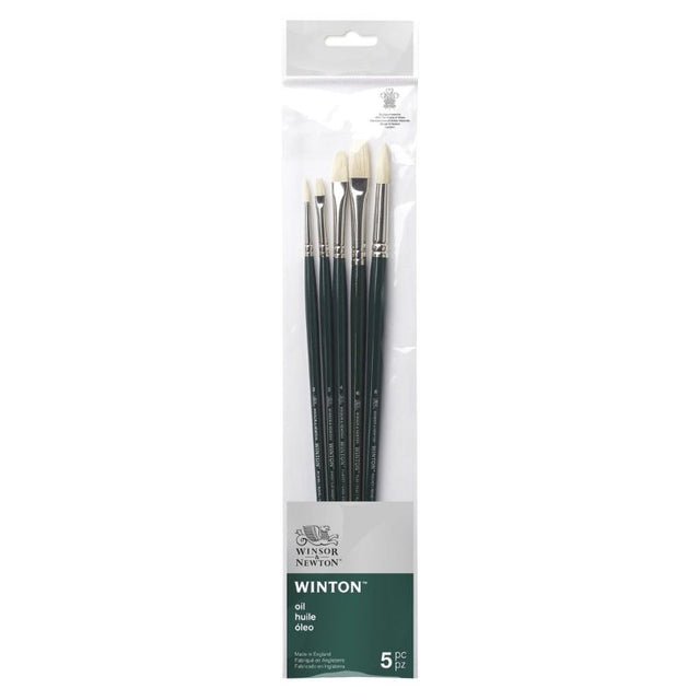 Set of 5 Winsor & Newton Winton brushes with hog bristles, ideal for detailed and versatile oil and acrylic painting.