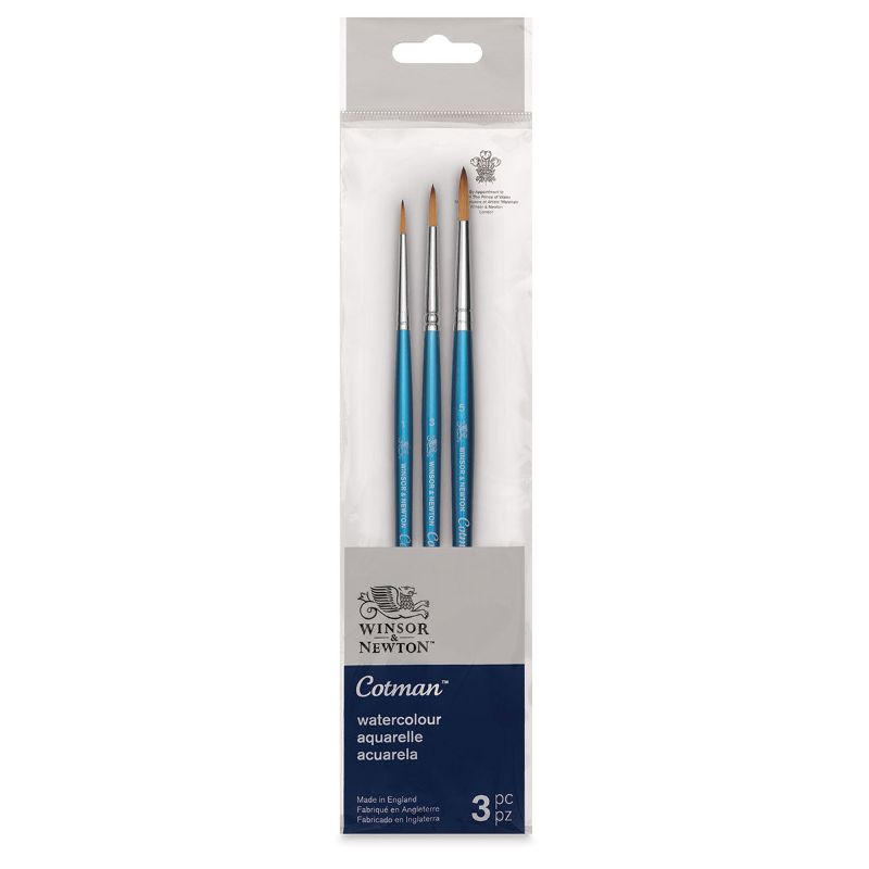 Set of 3 Winsor & Newton Cotman watercolor brushes with short handles, designed for precision and versatility in painting.