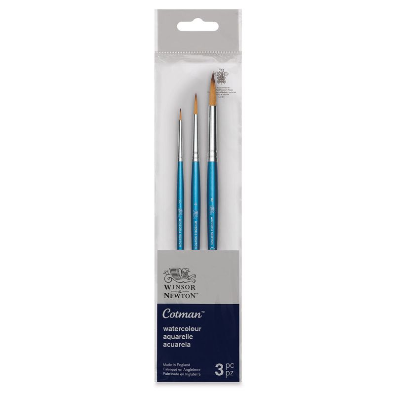 Set of 3 Winsor & Newton Cotman watercolor brushes with short handles, featuring round sizes 0, 4, and 8 for precise applications.