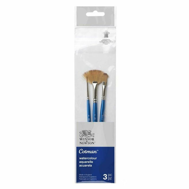 Set of 3 Winsor & Newton Cotman brushes with short handles for detailed watercolor techniques, featuring durable ferrules and various shapes.