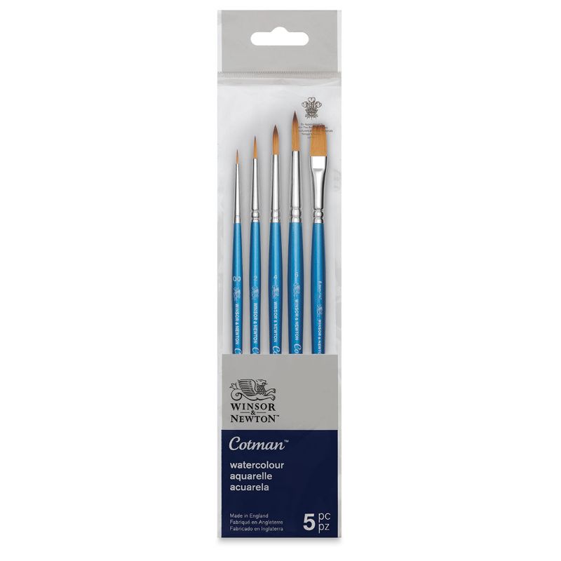 Set of 5 Winsor & Newton Cotman watercolor brushes with ergonomic handles, crafted for precision and color carrying capacity.