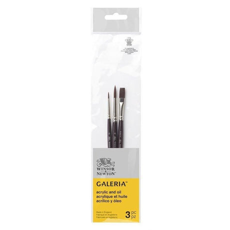 Set of 3 Winsor & Newton Galeria short handle brushes, featuring synthetic filaments for precision in acrylic and watercolor painting.