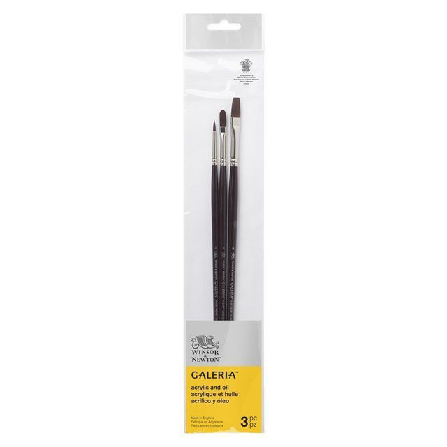 Winsor & Newton Galeria Long Handle Brush Set of 3 with Round 2, Flat 8, and Filbert 4 for detailed and expressive painting.