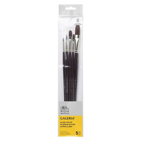 Winsor & Newton Galeria Brush Set of 5 featuring long handles and synthetic filaments for versatile painting techniques.