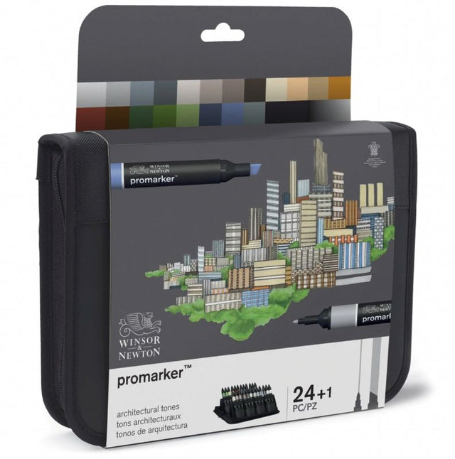 Set of 24 Winsor & Newton Promarker Architectural markers featuring dual nibs for detailed and broad applications in vibrant colors.