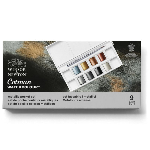 Set of 8 Winsor & Newton metallic watercolor pans featuring vibrant iridescent and metallic colors, perfect for artists.