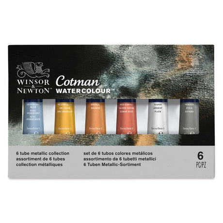 Set of 6 Winsor & Newton Cotman Metallic Watercolour paints in 8ml tubes, featuring vibrant iridescent colors for artistic projects.