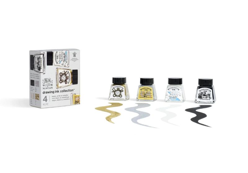 Set of 4 Winsor & Newton Metallic Inks in black, white, gold, and silver for vibrant artwork and calligraphy effects.