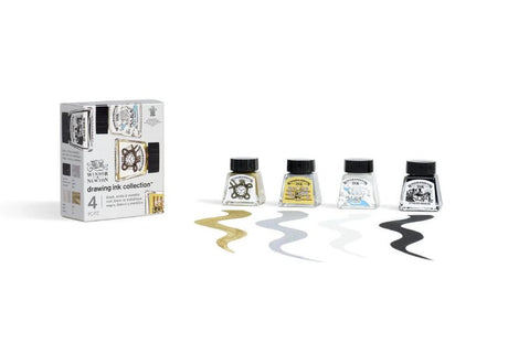 Set of 4 Winsor & Newton Metallic Inks in black, white, gold, and silver for vibrant artwork and calligraphy effects.