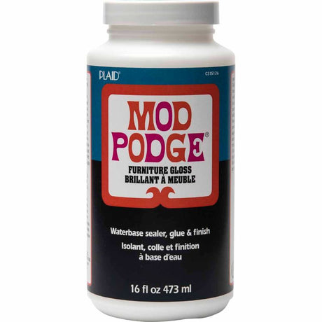 Mod Podge Furniture Gloss 16oz bottle for durable, glossy finishes on furniture; ideal for DIY home decor and high-traffic areas.