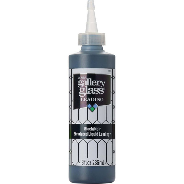Plaid Gallery Glass Liquid Leading Black in a 237ML bottle for creating authentic stained glass effects with precision.
