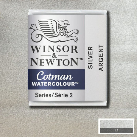 Winsor & Newton Cotman Silver Watercolour Half Pan, ideal for artists, featuring high transparency and excellent lightfastness.