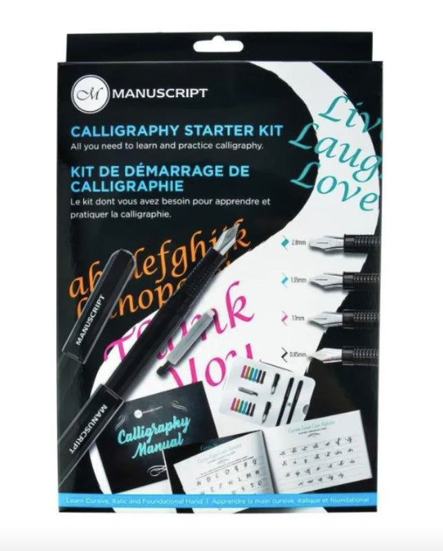 Manuscript Calligraphy Starter Kit with fountain pens, nibs, ink cartridges, manual, and practice pad for elegant writing.