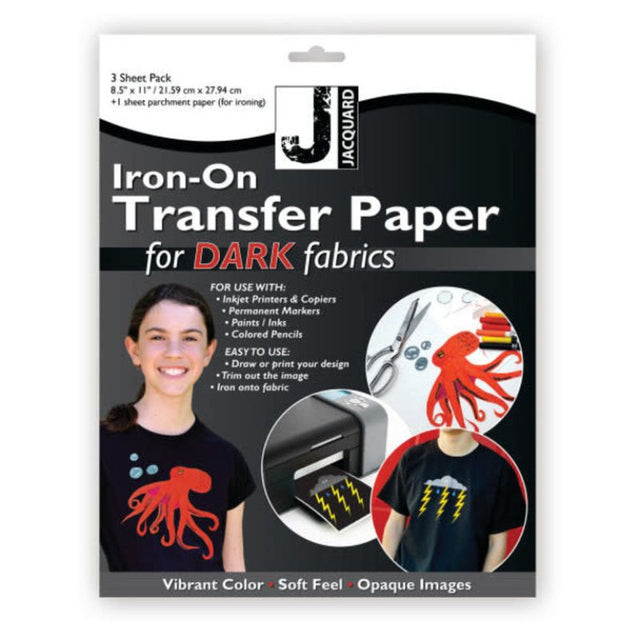 Jacquard Iron-on Transfer Paper for dark fabrics; vibrant, washable sheets for custom t-shirts and hoodies, easy to use.