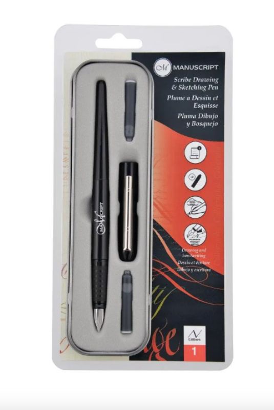 Manuscript Scribe Calligraphy Set features 3 steel nibs and a pen, ideal for elegant writing and artistry in a sleek tin.