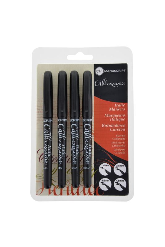 Set of 4 Manuscript Callicreative Italic Markers in black, featuring various tip sizes for versatile calligraphy and lettering.