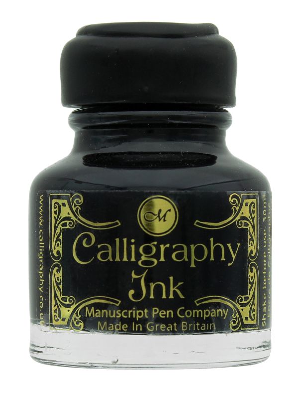 30ml bottle of Manuscript Black Calligraphy Ink with elegant wax seal, ideal for dip and fountain pens.