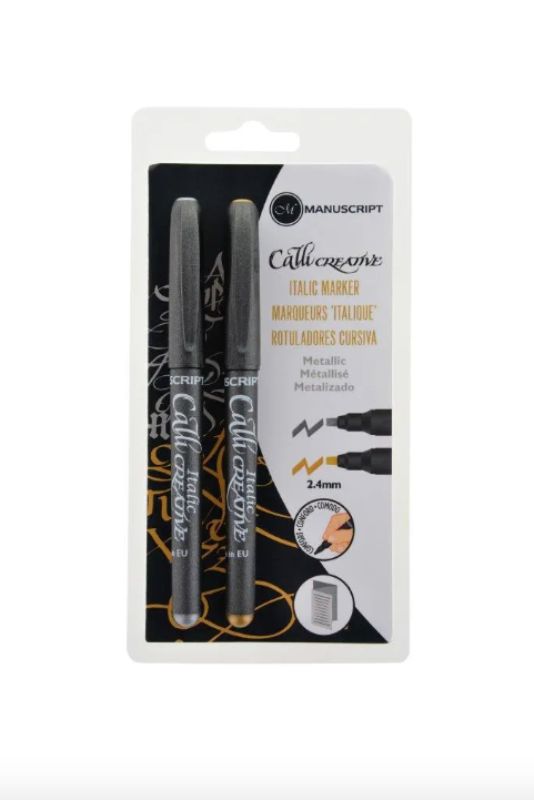 Set of 2 Manuscript Callicreative Metallic Markers in gold and silver, featuring chisel tips for vibrant lettering and accents.