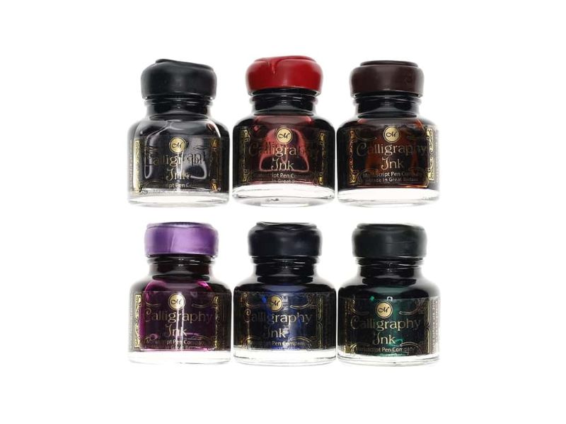 Colorful Manuscript Calligraphy Gift Ink set of 6, featuring vibrant hues in elegant 30ml bottles with wax seal tops.