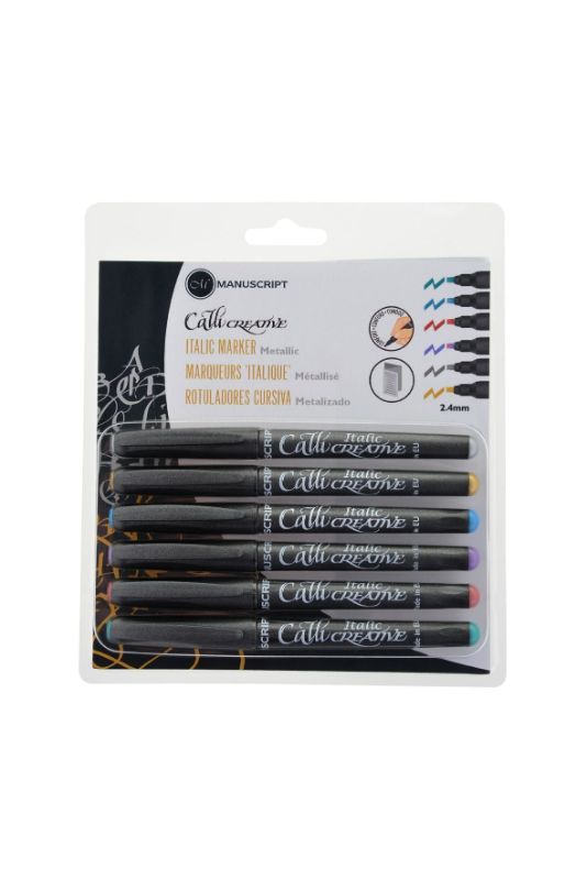 Set of 6 metallic markers in Gold, Silver, Turquoise, Green, Pink, and Purple for vibrant crafting and lettering projects.