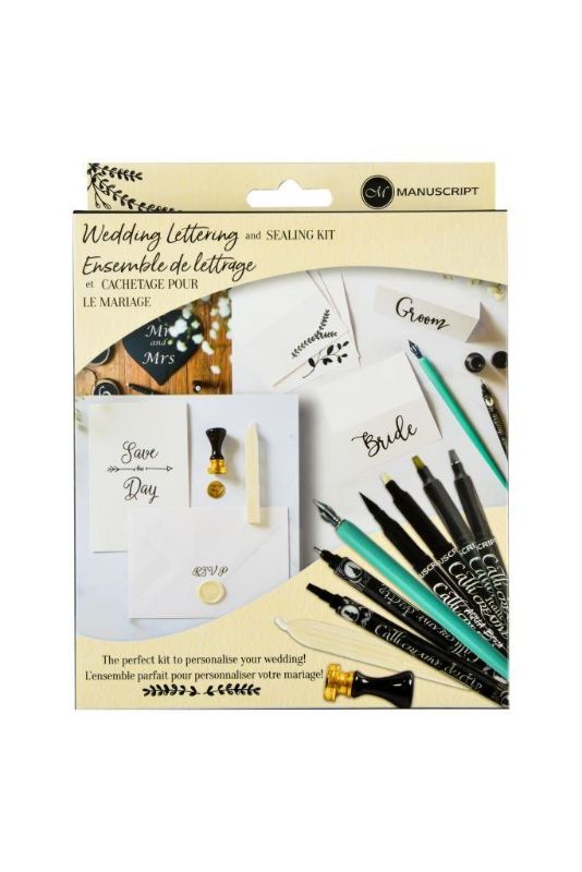 Wedding lettering and sealing kit featuring markers, dip pen, ink, wax seal, and inspiration sheet for personalized invitations.