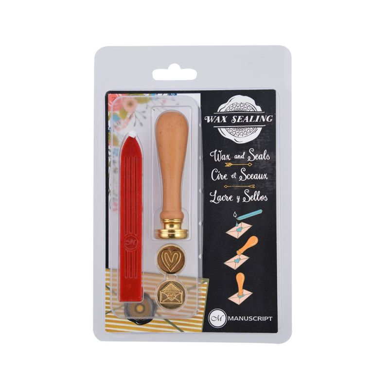 Manuscript Decor Sealing Set Emotion: vibrant red wax, wooden handle, and two stamping coins for personalized gift sealing.