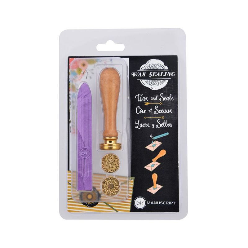 Elegant Manuscript Decor Sealing Set with purple wax stick, wooden handle, and two stamping coins for personalizing gifts.