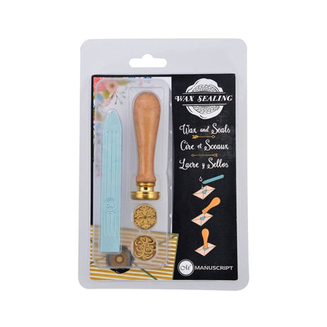 Manuscript Decor Sealing Set Season with aqua wax stick, wooden handle, and two stamping coins for beautiful gift decoration.