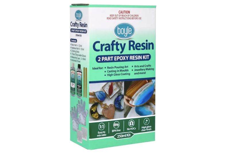 Boyle Crafty Resin 250ml Kit: versatile epoxy resin for casting, art, and jewelry; includes mixing tools and is food safe.