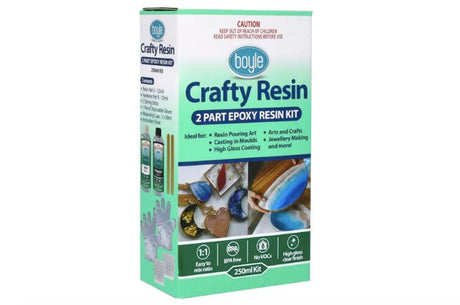 Boyle Crafty Resin 250ml Kit: versatile epoxy resin for casting, art, and jewelry; includes mixing tools and is food safe.