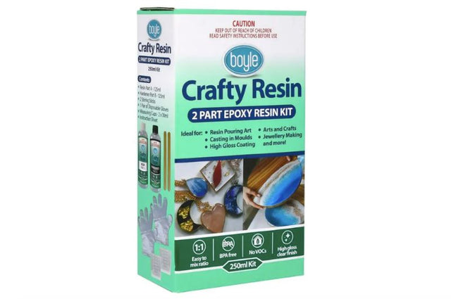 Boyle Crafty Resin 250ml Kit: versatile epoxy resin for casting, art, and jewelry; includes mixing tools and is food safe.