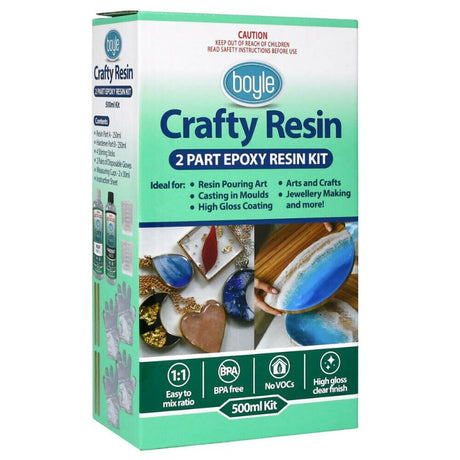 Boyle Crafty Resin 500ml Kit, a safe, easy-to-use epoxy set for crafting resin art, jewellery, and more with precise mixing.