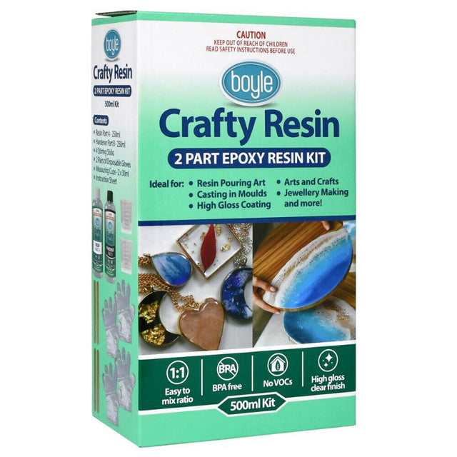 Boyle Crafty Resin 500ml Kit, a safe, easy-to-use epoxy set for crafting resin art, jewellery, and more with precise mixing.