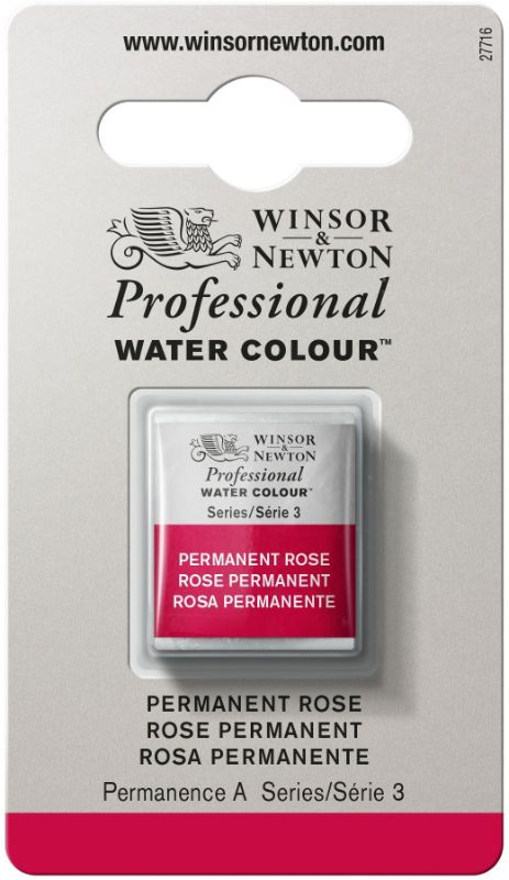 Professional Winsor & Newton Perm Rose 502 S3 watercolor half pan, vibrant hue for artists, ideal for delicate highlights.