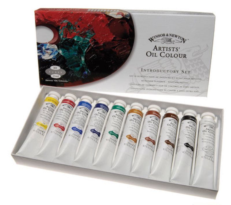 Ten vibrant 21ml tubes of Winsor and Newton Artist Oil Paint, showcasing a variety of colors for oil painting enthusiasts.