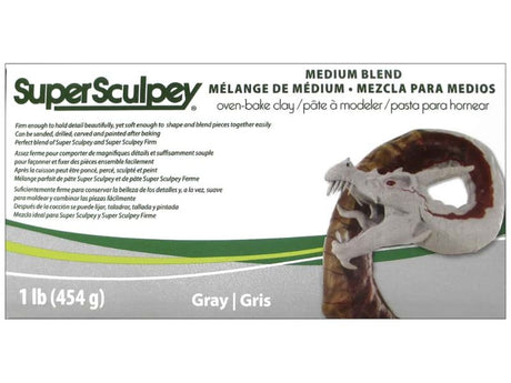 Sculpey Super Medium Blend 454g in grey, a versatile, shatter-resistant polymer clay for durable sculptures and models.